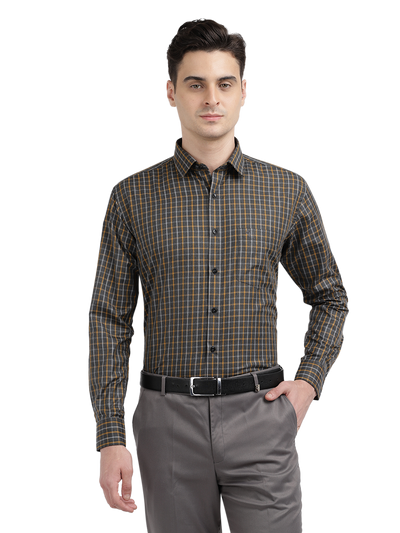 Model wearing Clarke Gable's Grey With Mustard Yellow Checked Formal Shirt in a casual setting