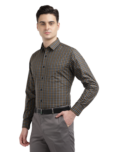 Model wearing Clarke Gable's Grey With Mustard Yellow Checked Formal Shirt in a casual setting