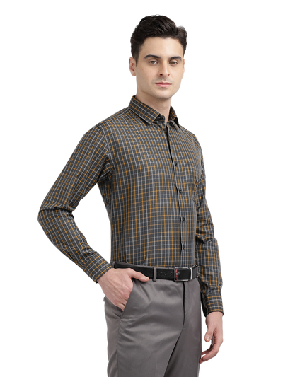 Model wearing Clarke Gable's Grey With Mustard Yellow Checked Formal Shirt in a casual setting