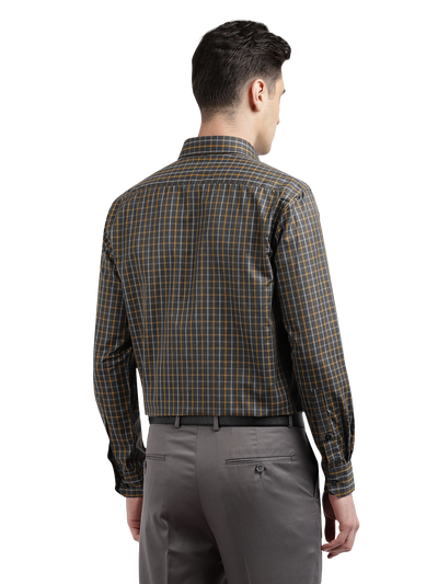 Model wearing Clarke Gable's Grey With Mustard Yellow Checked Formal Shirt in a casual setting