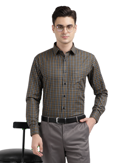 Model wearing Clarke Gable's Grey With Mustard Yellow Checked Formal Shirt in a casual setting