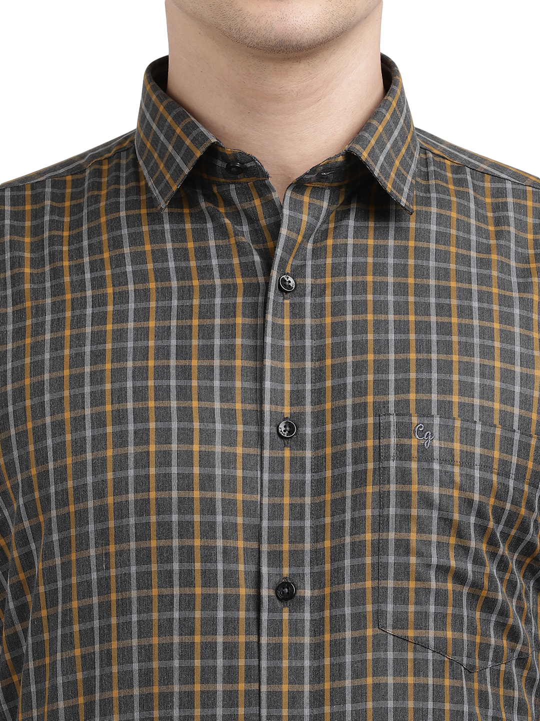 Model wearing Clarke Gable's Grey With Mustard Yellow Checked Formal Shirt in a casual setting