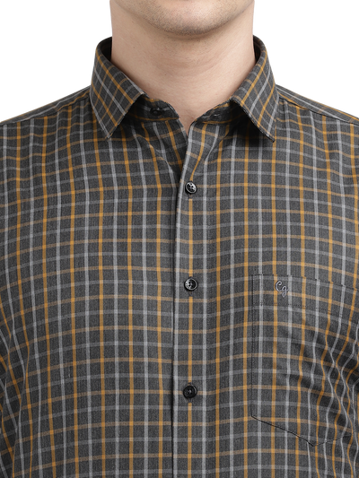 Model wearing Clarke Gable's Grey With Mustard Yellow Checked Formal Shirt in a casual setting