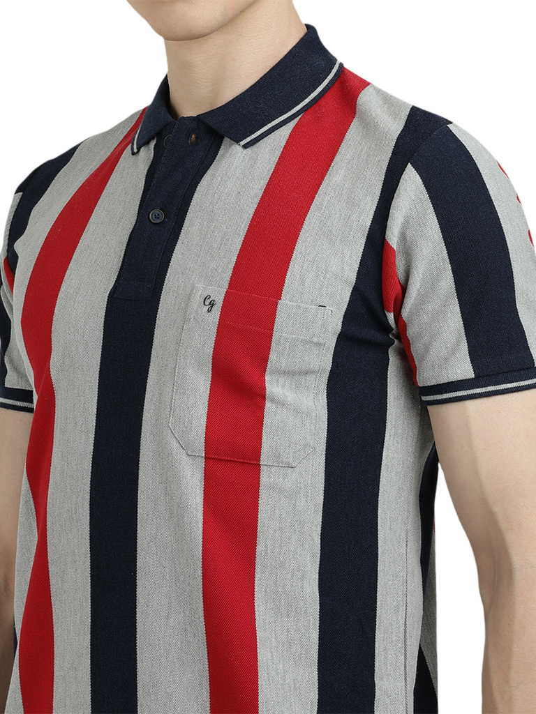 Model wearing Clarke Gable's Grey With Red Striped Polo Collar T-Shirt in a casual setting