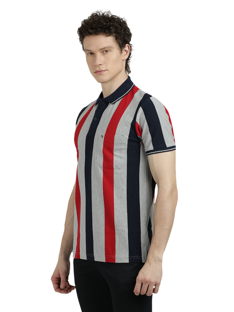 Model wearing Clarke Gable's Grey With Red Striped Polo Collar T-Shirt in a casual setting