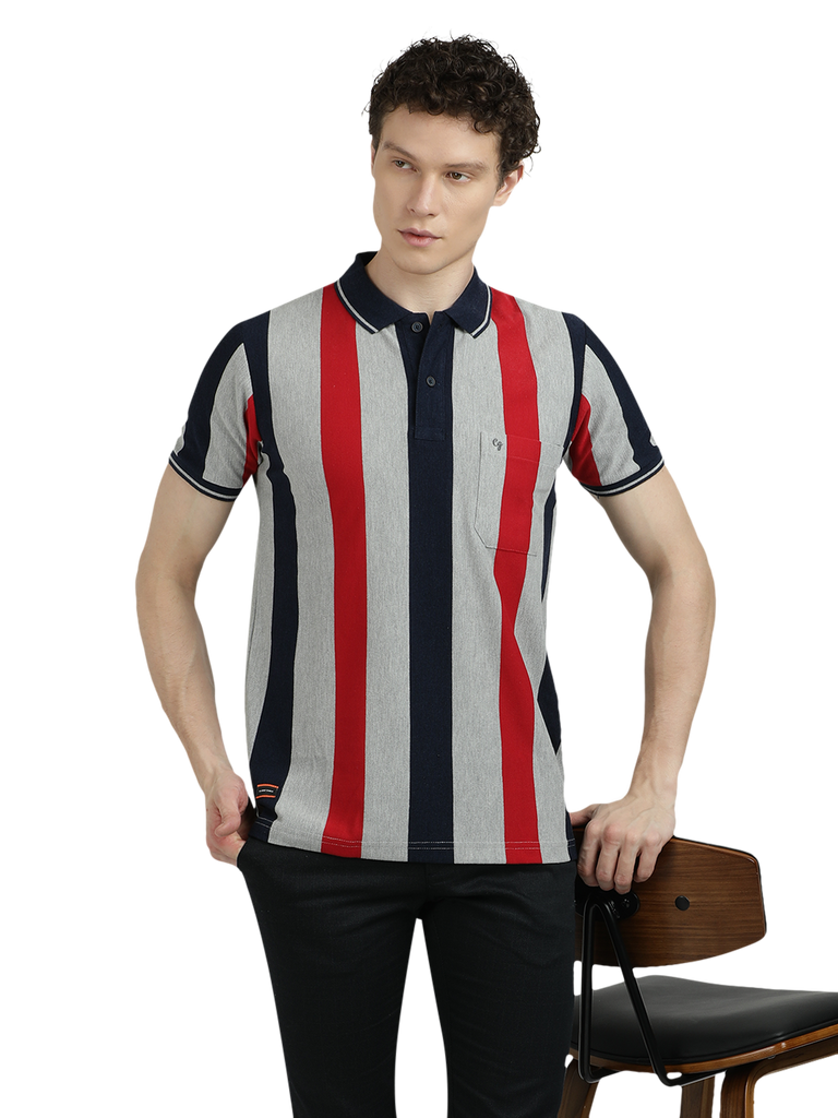 Model wearing Clarke Gable's Grey With Red Striped Polo Collar T-Shirt in a casual setting