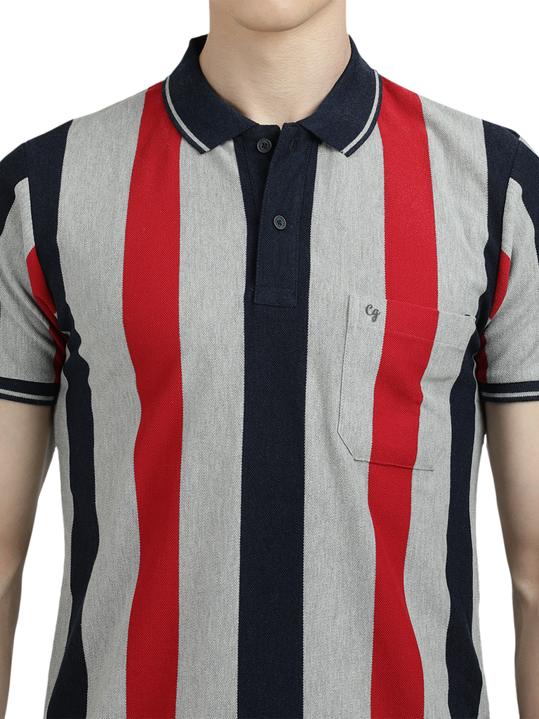 Model wearing Clarke Gable's Grey With Red Striped Polo Collar T-Shirt in a casual setting