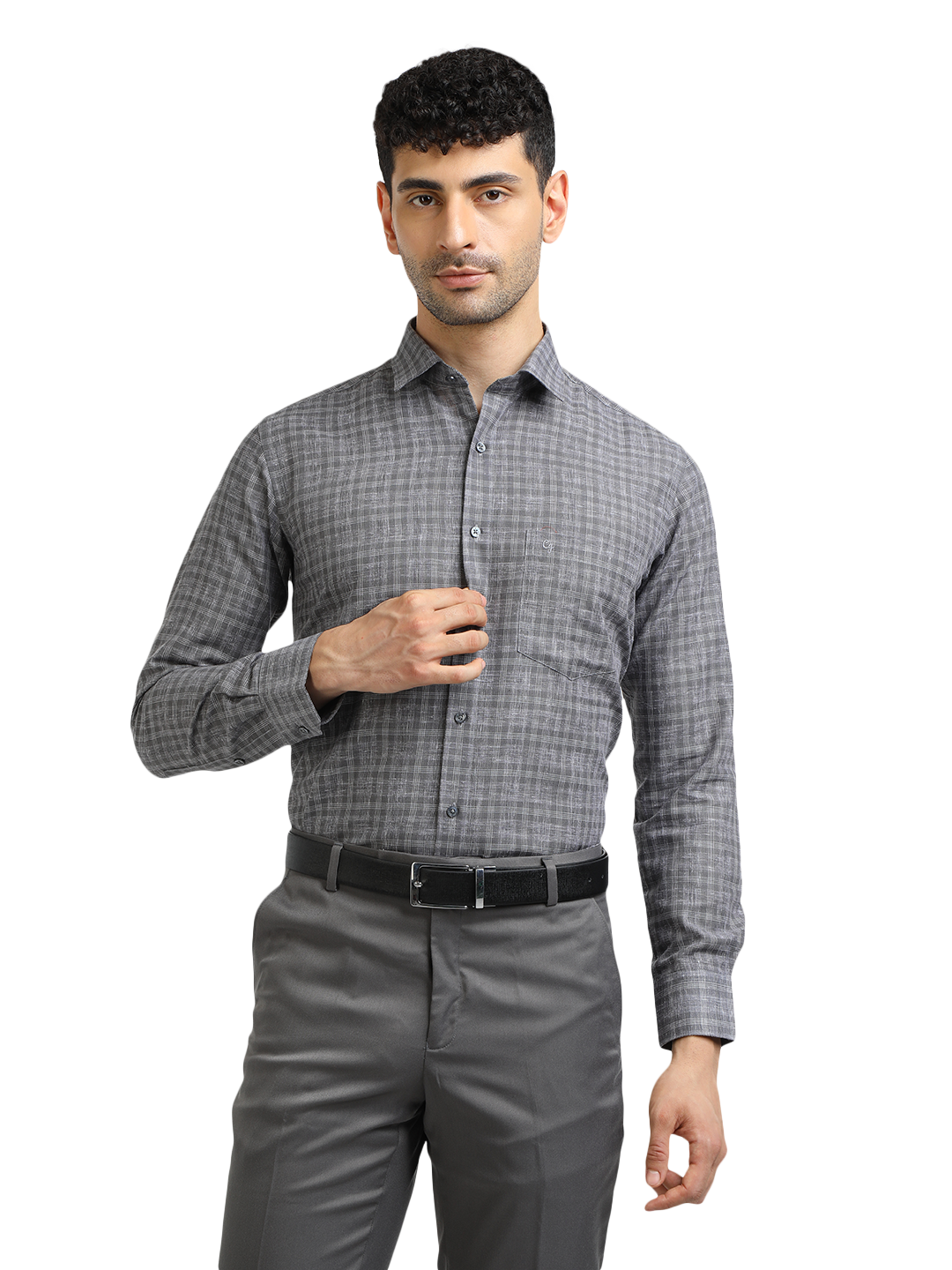 Model wearing Clarke Gable's Grey With White Checked Formal Shirt in a casual setting