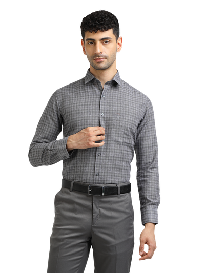 Model wearing Clarke Gable's Grey With White Checked Formal Shirt in a casual setting