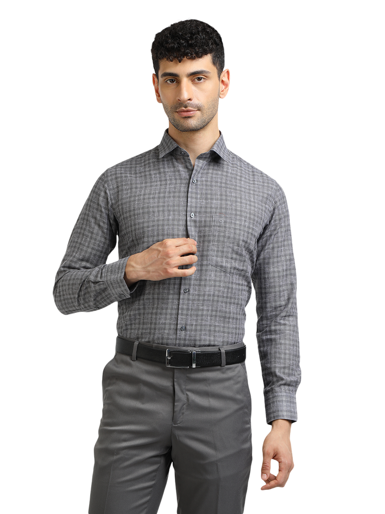 Model wearing Clarke Gable's Grey With White Checked Formal Shirt in a casual setting