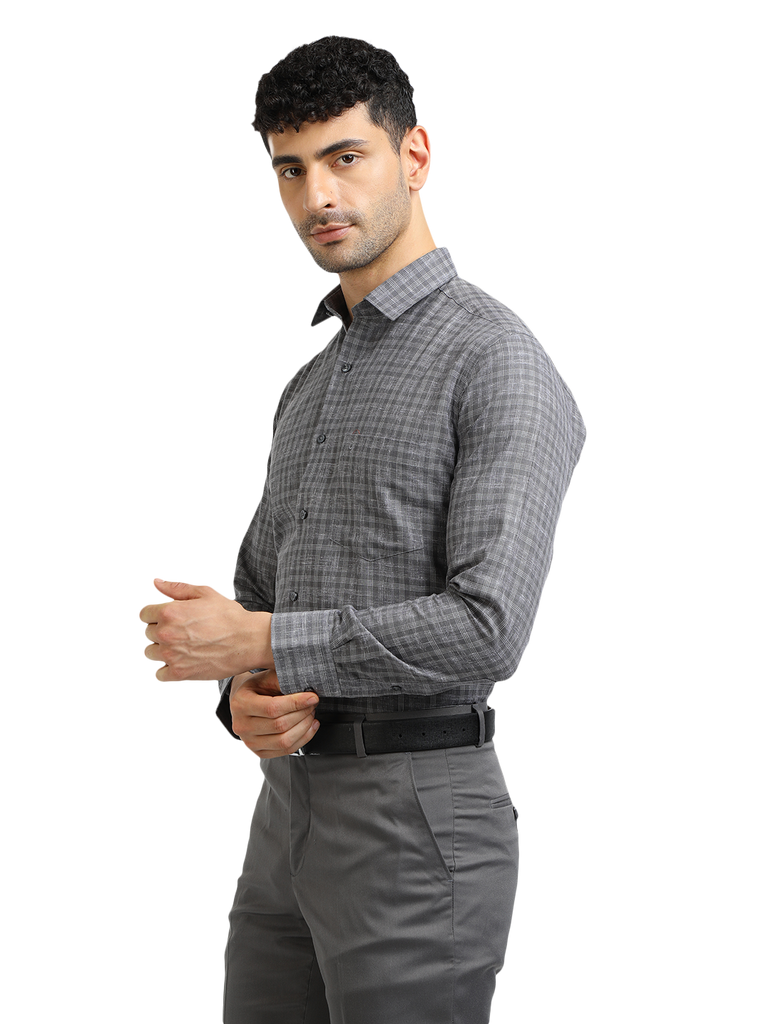 Model wearing Clarke Gable's Grey With White Checked Formal Shirt in a casual setting