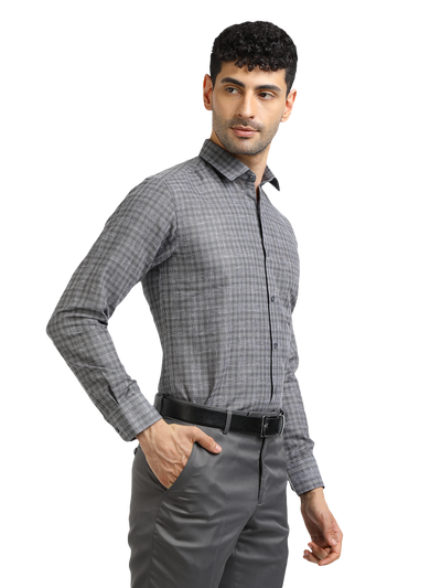 Model wearing Clarke Gable's Grey With White Checked Formal Shirt in a casual setting