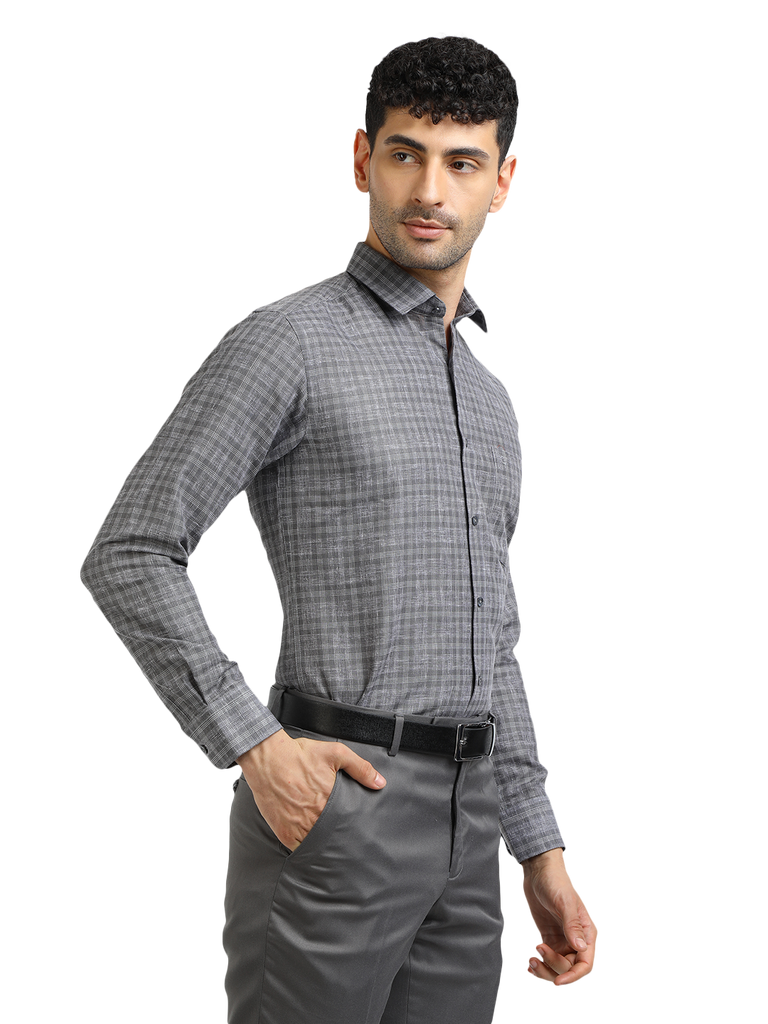 Model wearing Clarke Gable's Grey With White Checked Formal Shirt in a casual setting