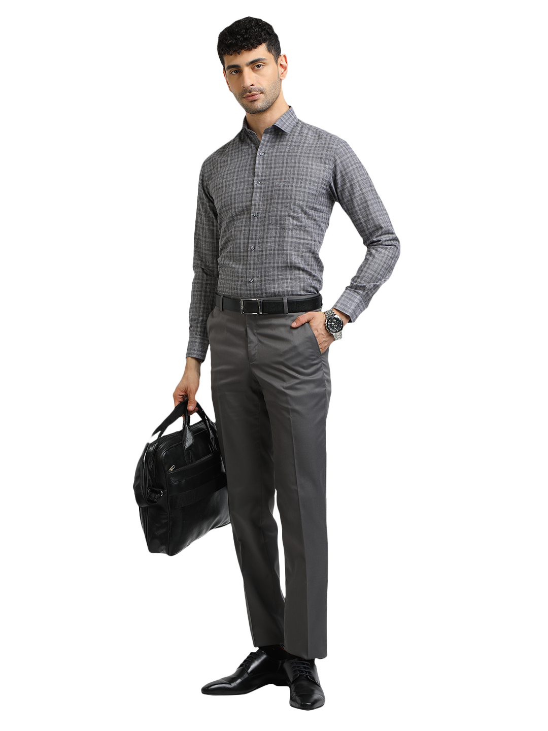 Model wearing Clarke Gable's Grey With White Checked Formal Shirt in a casual setting