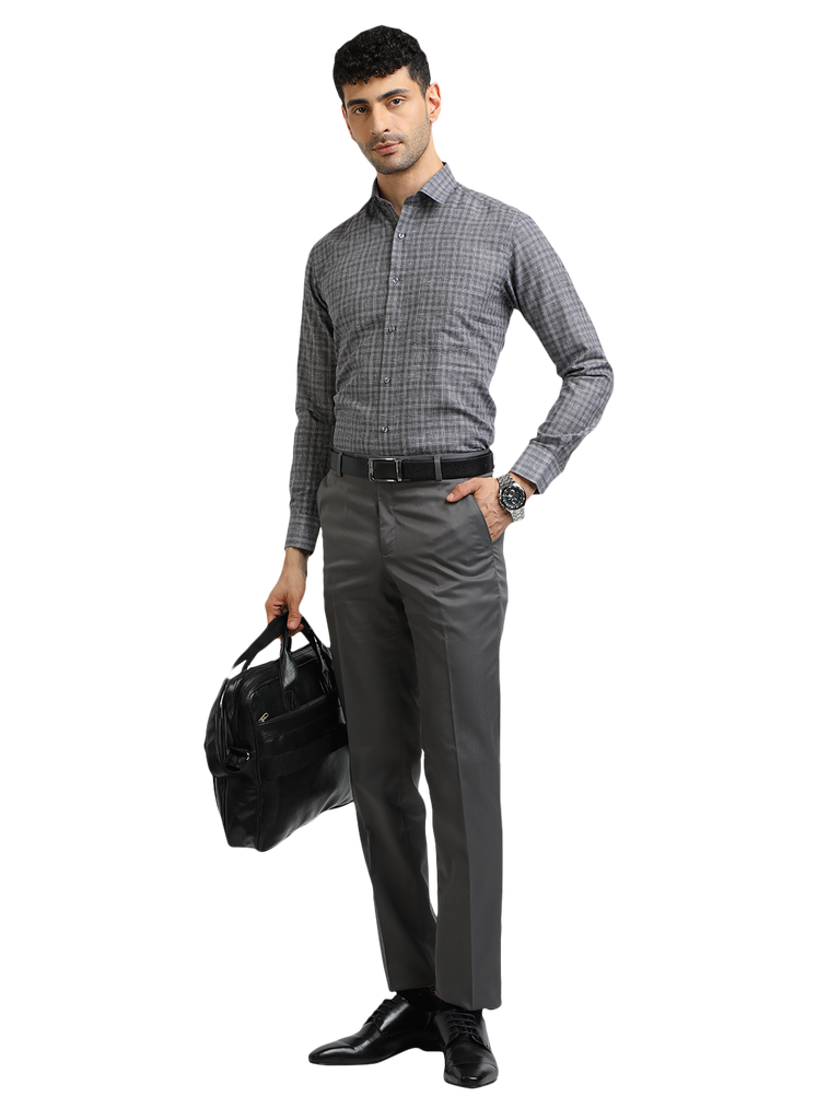 Model wearing Clarke Gable's Grey With White Checked Formal Shirt in a casual setting