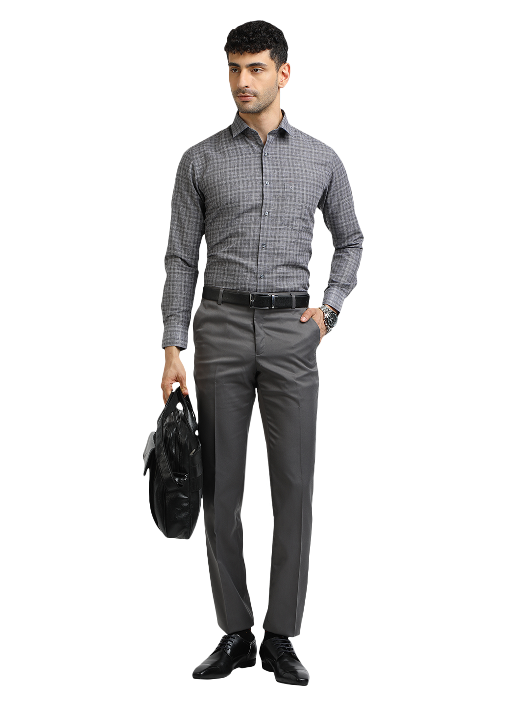Model wearing Clarke Gable's Grey With White Checked Formal Shirt in a casual setting