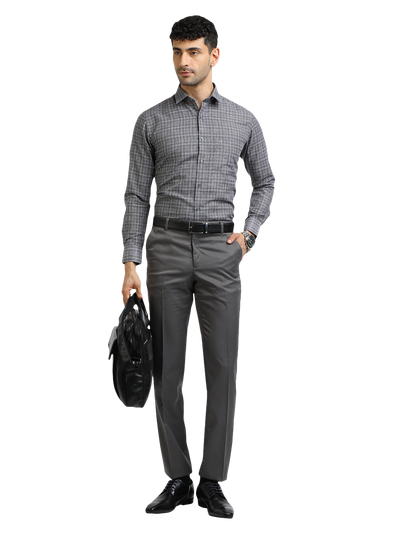 Model wearing Clarke Gable's Grey With White Checked Formal Shirt in a casual setting