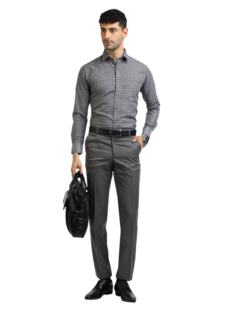 Model wearing Clarke Gable's Grey With White Checked Formal Shirt in a casual setting