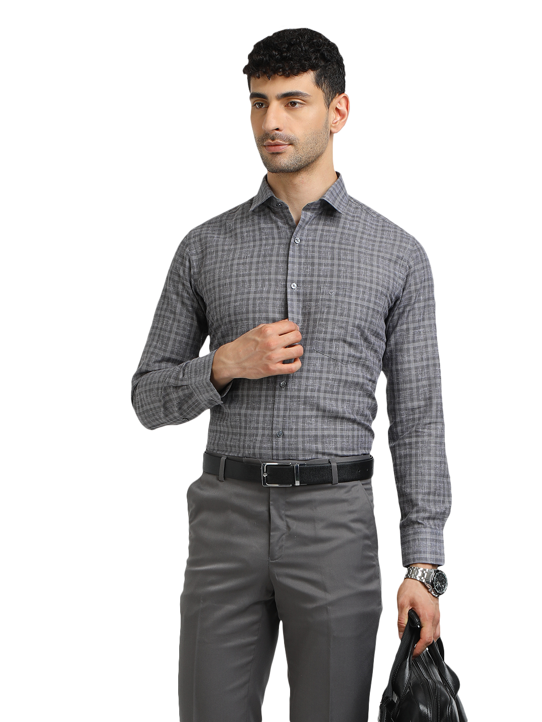 Model wearing Clarke Gable's Grey With White Checked Formal Shirt in a casual setting