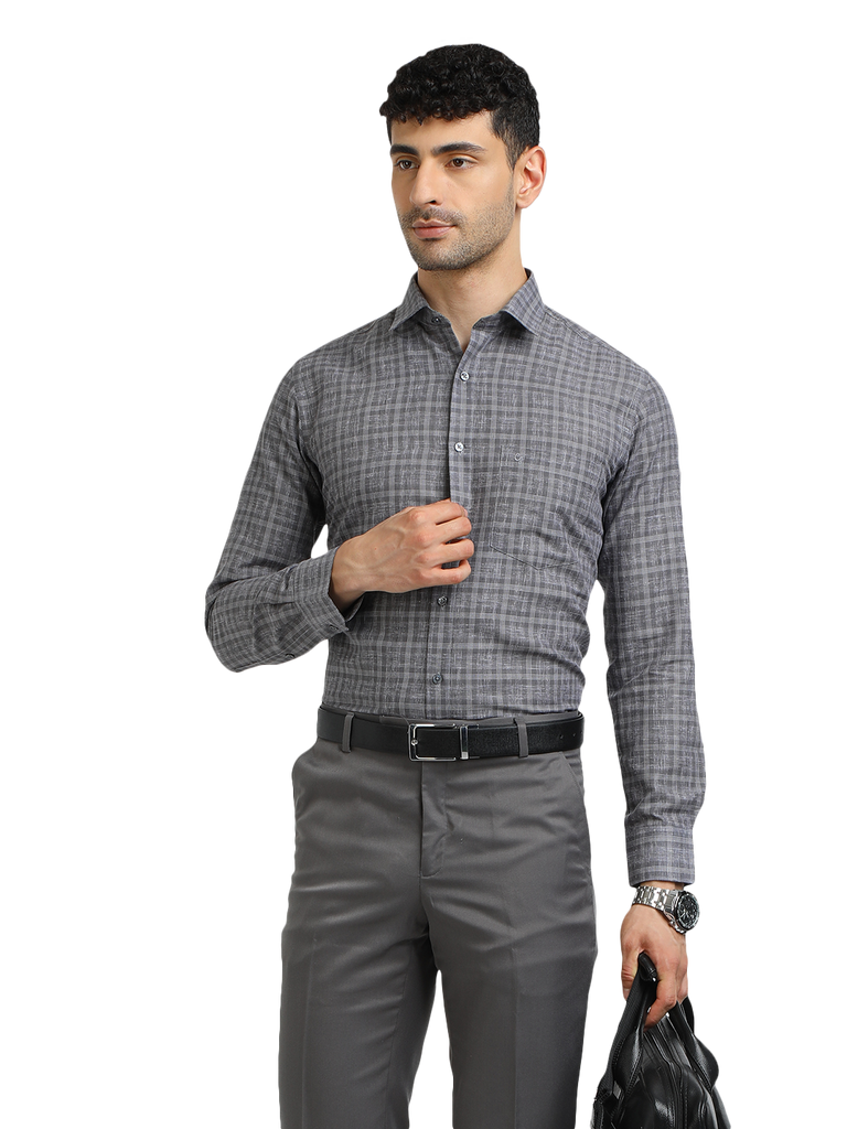 Model wearing Clarke Gable's Grey With White Checked Formal Shirt in a casual setting