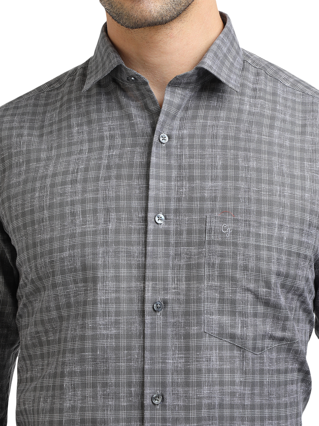 Model wearing Clarke Gable's Grey With White Checked Formal Shirt in a casual setting