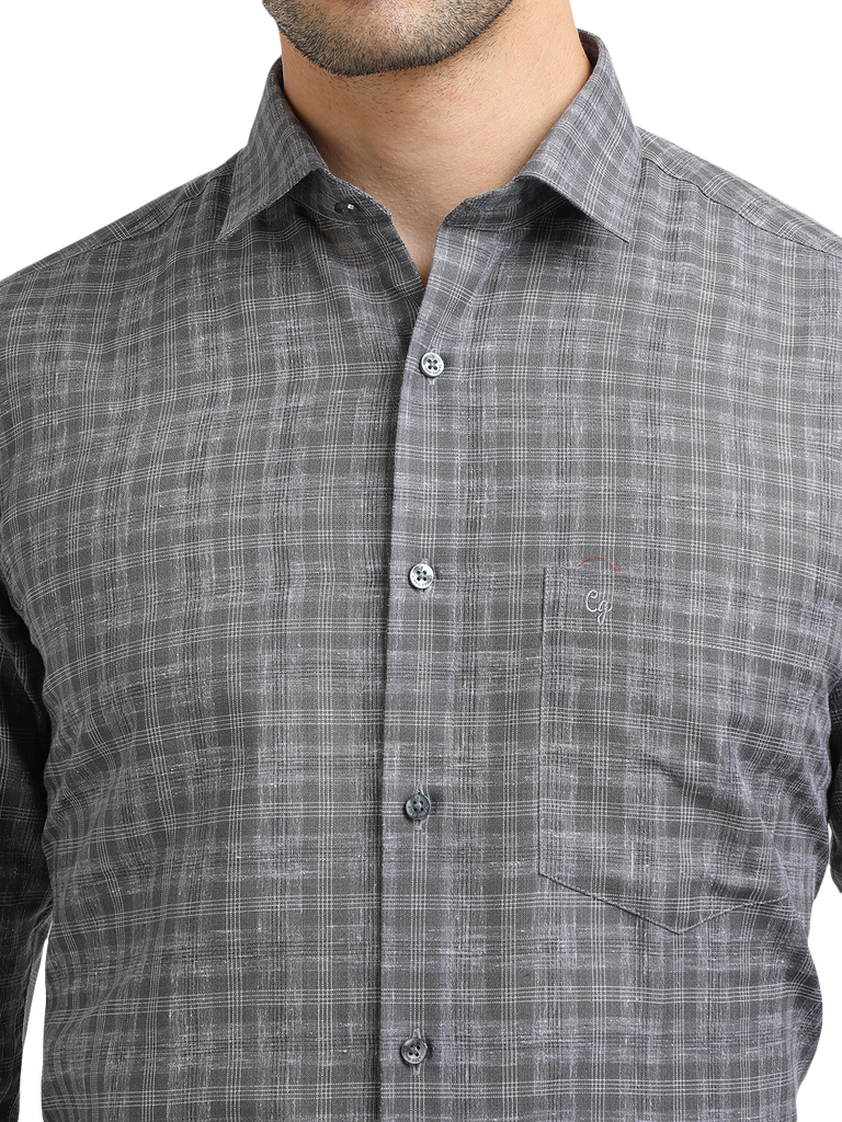 Model wearing Clarke Gable's Grey With White Checked Formal Shirt in a casual setting