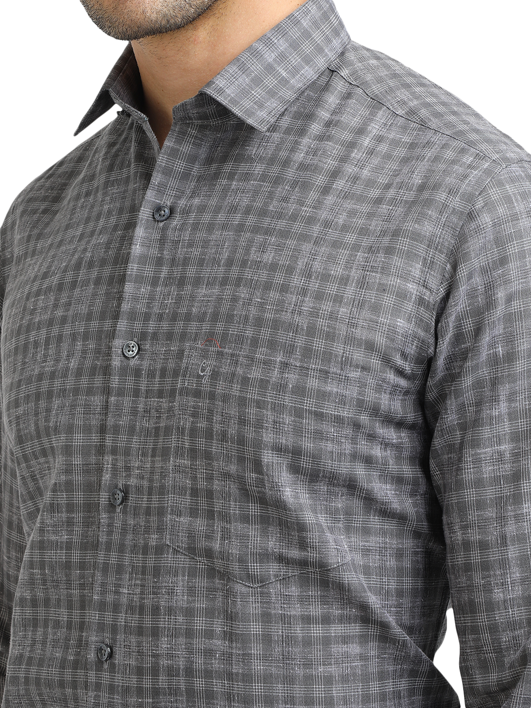 Model wearing Clarke Gable's Grey With White Checked Formal Shirt in a casual setting