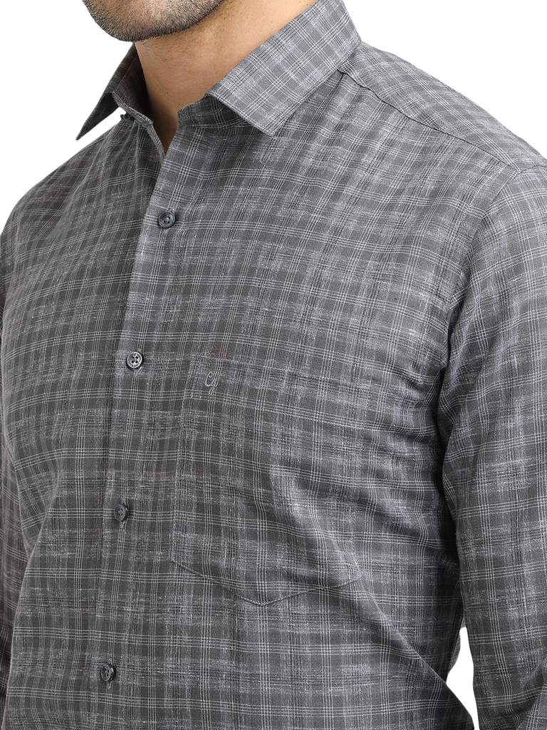 Model wearing Clarke Gable's Grey With White Checked Formal Shirt in a casual setting