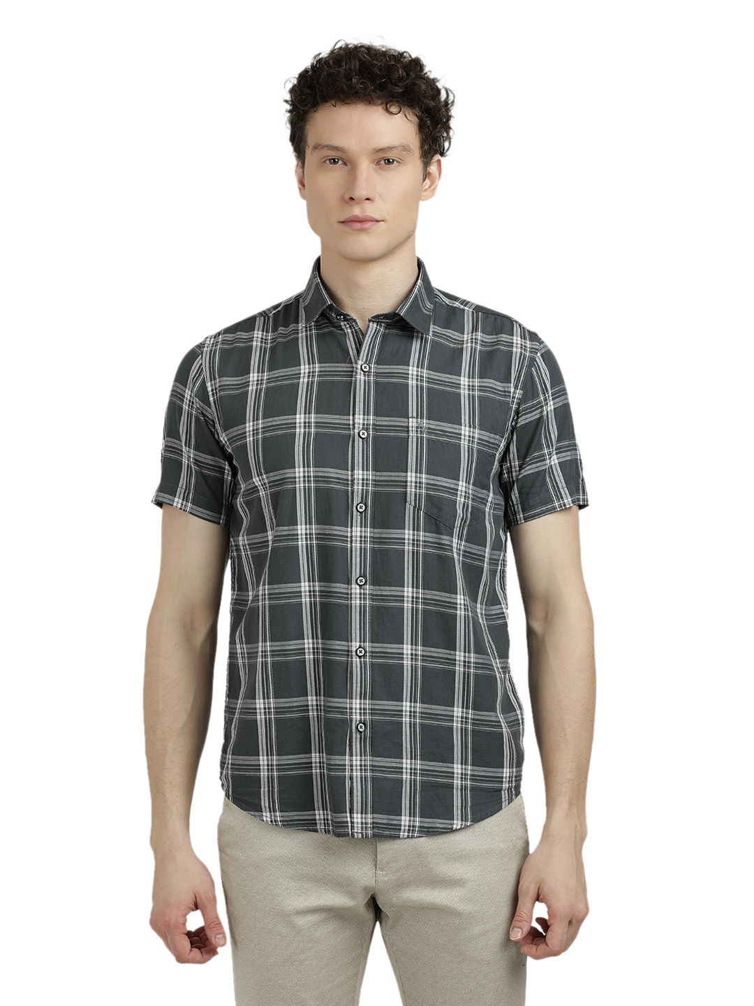 Model wearing Clarke Gable's Grey With White Checked Semi Casual Shirt in a casual setting