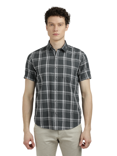 Model wearing Clarke Gable's Grey With White Checked Semi Casual Shirt in a casual setting