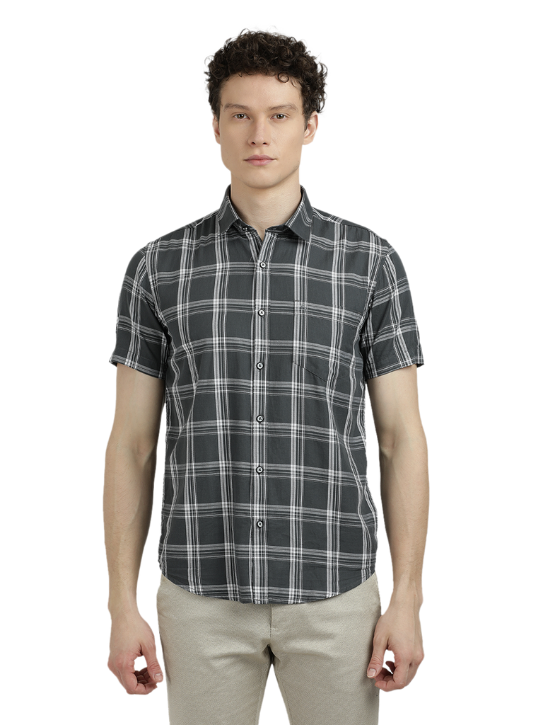 Model wearing Clarke Gable's Grey With White Checked Semi Casual Shirt in a casual setting