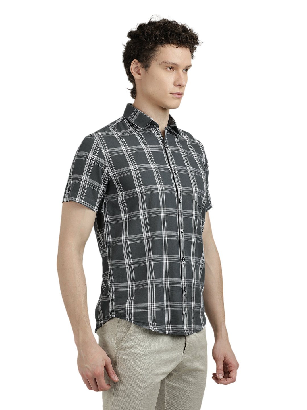 Model wearing Clarke Gable's Grey With White Checked Semi Casual Shirt in a casual setting