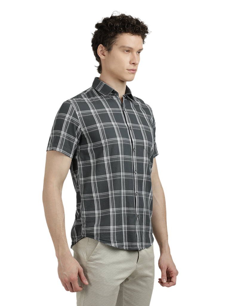 Model wearing Clarke Gable's Grey With White Checked Semi Casual Shirt in a casual setting