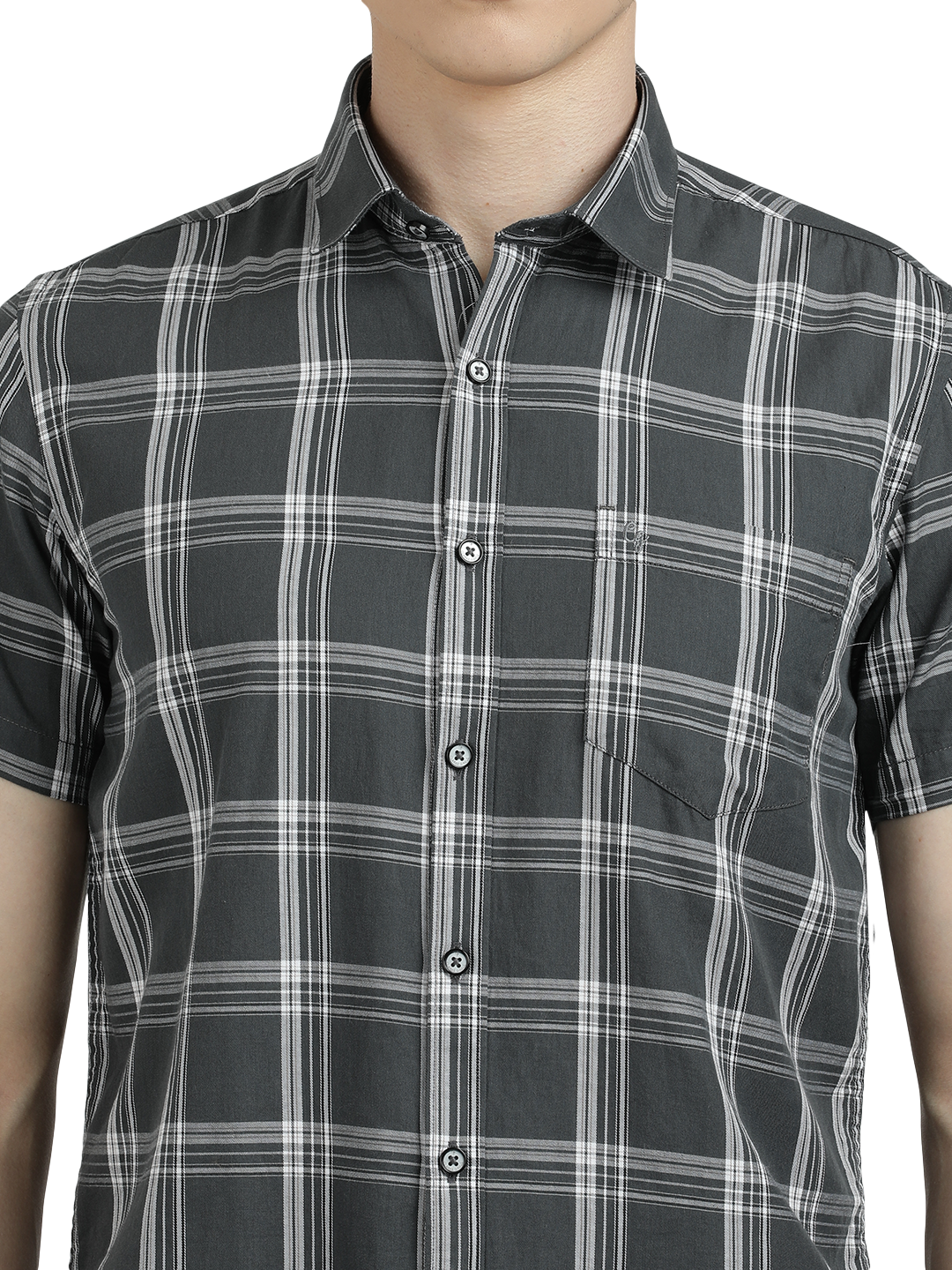 Model wearing Clarke Gable's Grey With White Checked Semi Casual Shirt in a casual setting