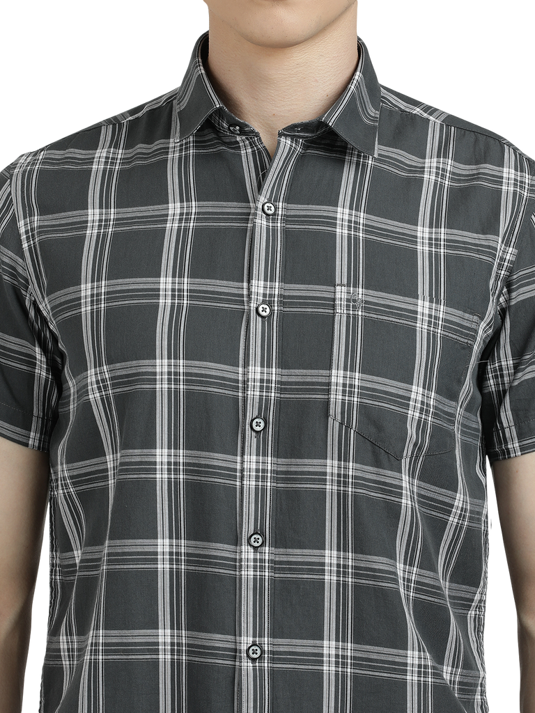 Model wearing Clarke Gable's Grey With White Checked Semi Casual Shirt in a casual setting