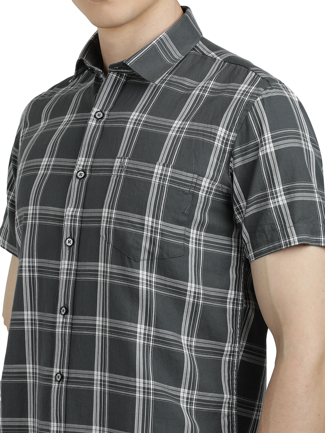Model wearing Clarke Gable's Grey With White Checked Semi Casual Shirt in a casual setting
