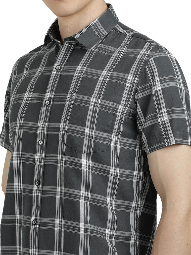 Model wearing Clarke Gable's Grey With White Checked Semi Casual Shirt in a casual setting