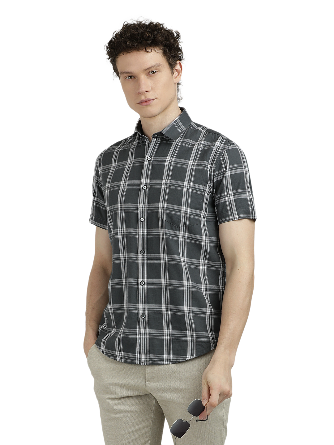 Model wearing Clarke Gable's Grey With White Checked Semi Casual Shirt in a casual setting