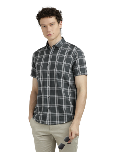 Model wearing Clarke Gable's Grey With White Checked Semi Casual Shirt in a casual setting