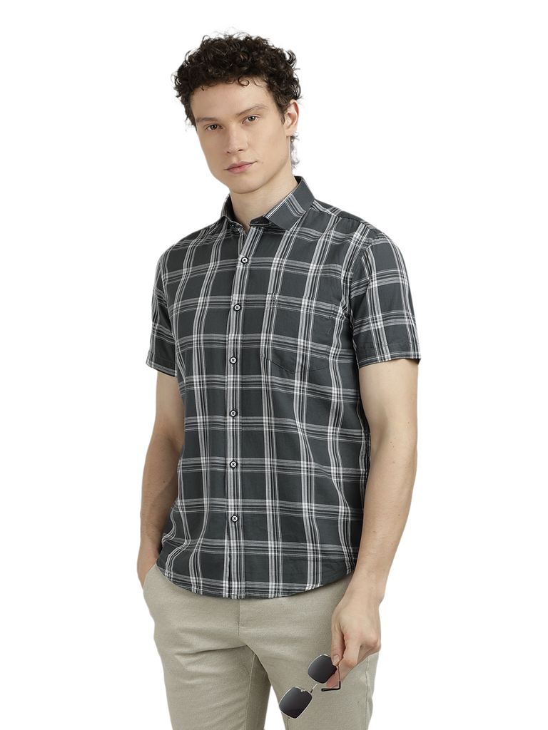 Model wearing Clarke Gable's Grey With White Checked Semi Casual Shirt in a casual setting