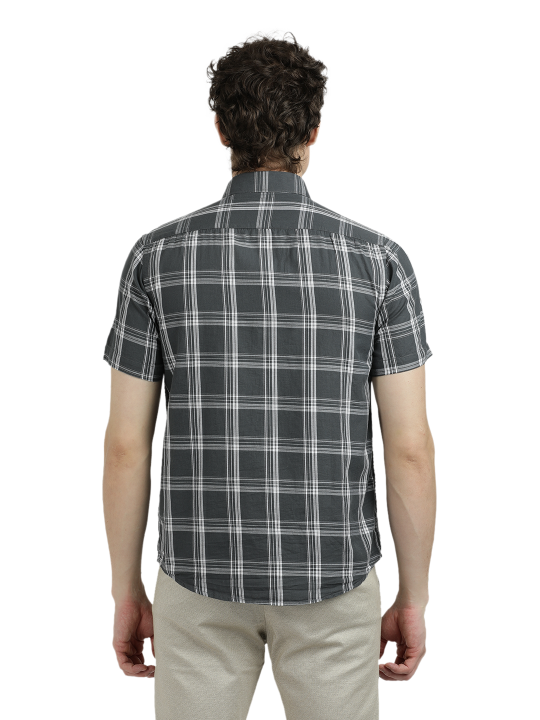 Model wearing Clarke Gable's Grey With White Checked Semi Casual Shirt in a casual setting