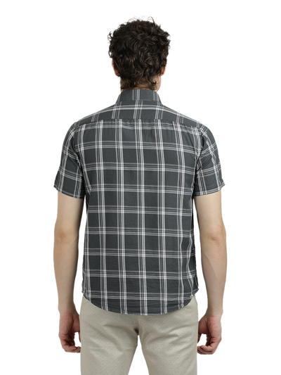 Model wearing Clarke Gable's Grey With White Checked Semi Casual Shirt in a casual setting