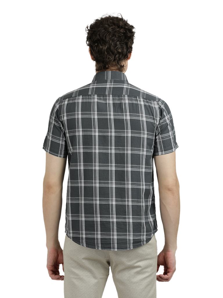 Model wearing Clarke Gable's Grey With White Checked Semi Casual Shirt in a casual setting