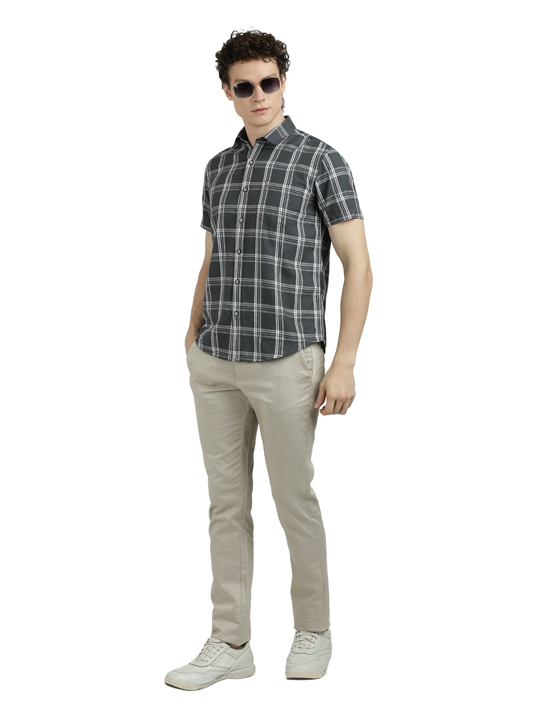 Model wearing Clarke Gable's Grey With White Checked Semi Casual Shirt in a casual setting