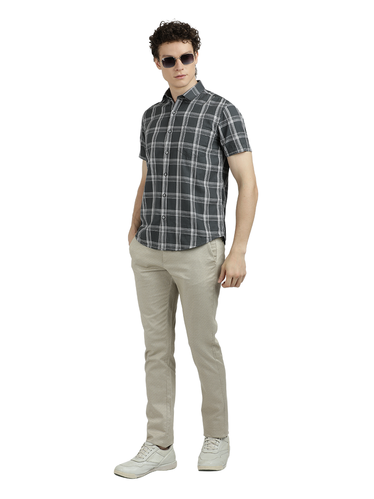 Model wearing Clarke Gable's Grey With White Checked Semi Casual Shirt in a casual setting