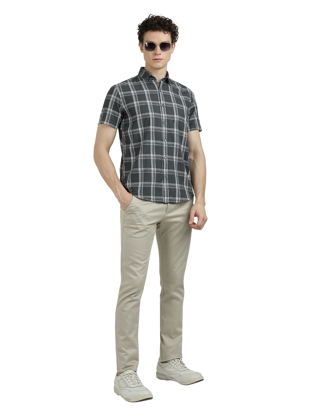 Model wearing Clarke Gable's Grey With White Checked Semi Casual Shirt in a casual setting
