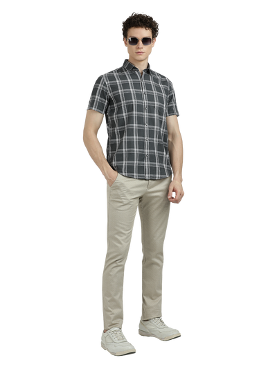 Model wearing Clarke Gable's Grey With White Checked Semi Casual Shirt in a casual setting