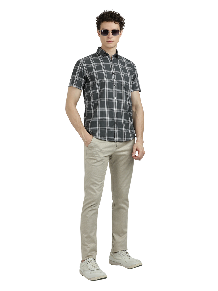 Model wearing Clarke Gable's Grey With White Checked Semi Casual Shirt in a casual setting