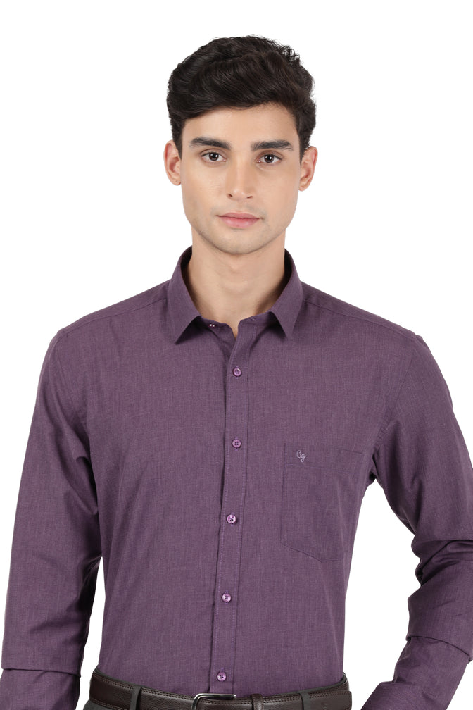 Model dressed in Clarke Gable's Plum Plain Relax Fit Shirt in a casual setting