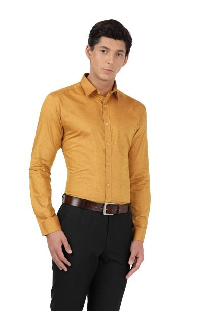 Model dressed in Clarke Gable's Mustard Plain Relax Fit Shirt in a casual setting
